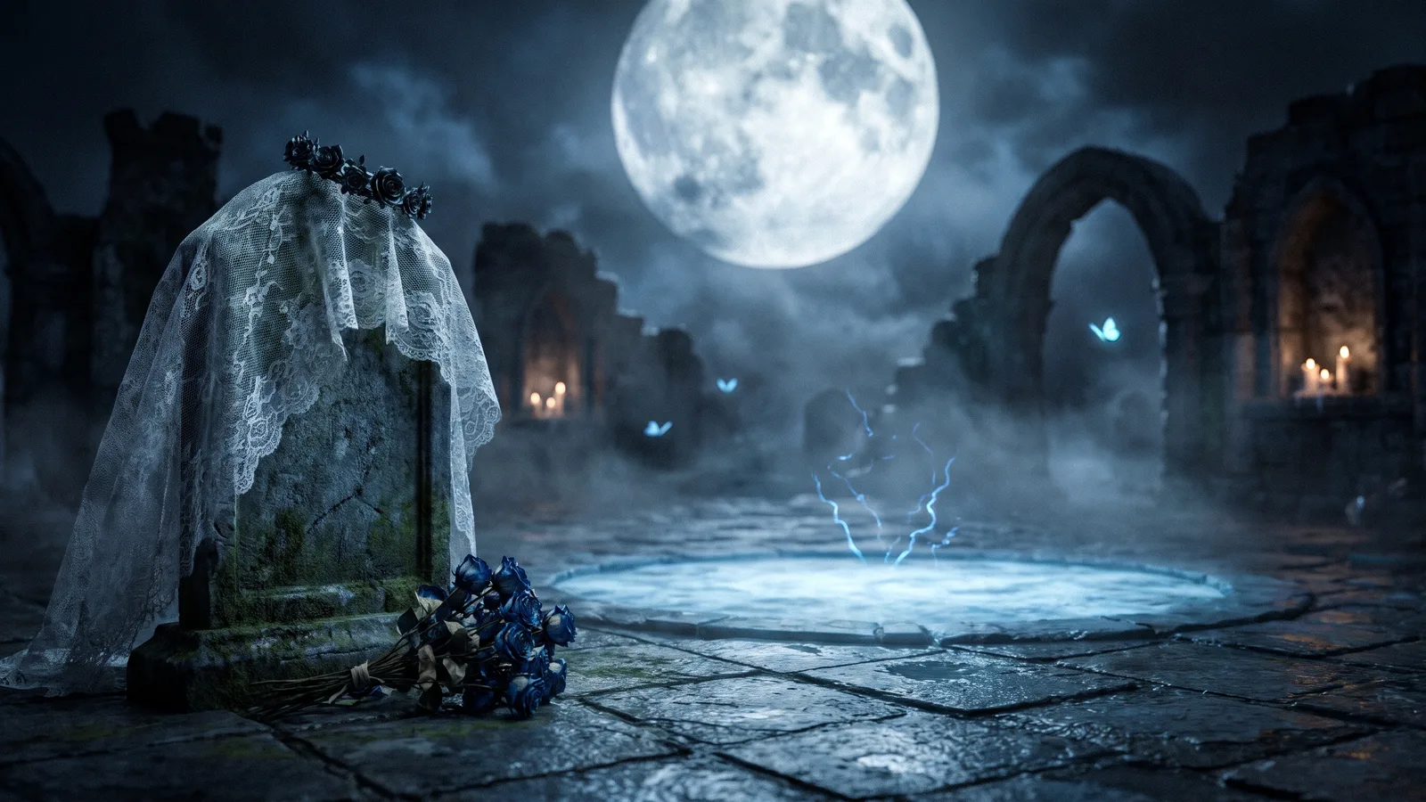 A torn white veil and black rose crown on a tombstone beside an empty moonlit spot in a graveyard under a full moon, with blue magic sparks rising