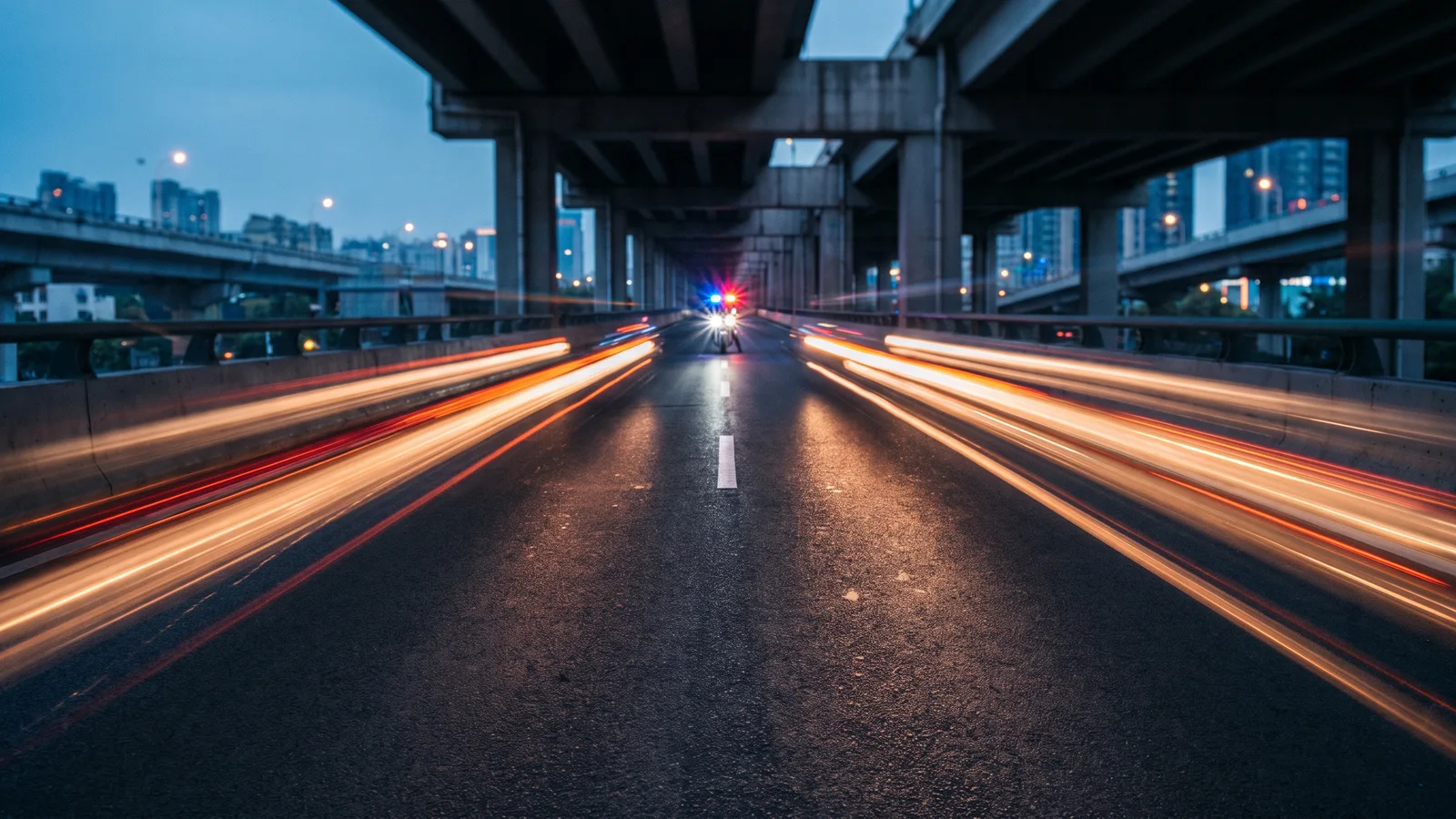 An empty highway lane under an overpass at dusk with motion-blurred light streaks and a police motorbike headlight approaching in the distance