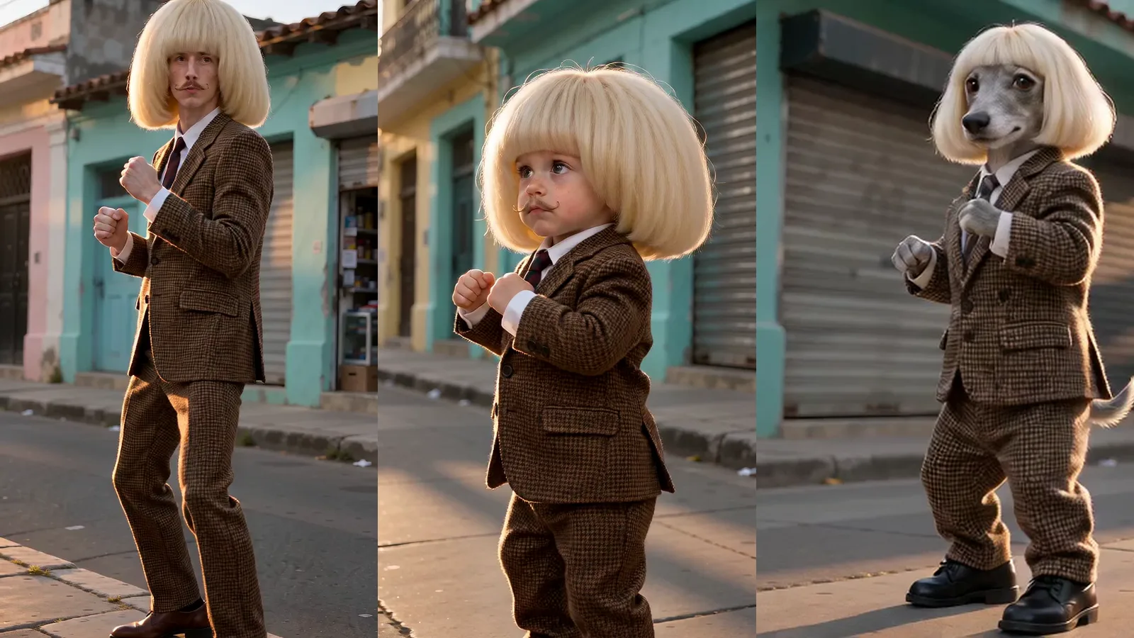 The Dame Hombro opening pose three ways: a man in a blonde bob wig and houndstooth suit, the same man as a toddler, and a greyhound puppy in a little suit, all standing side-on with fists at the chest on a sunny Caribbean street