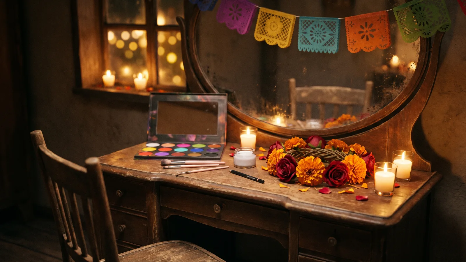 A Catrina makeup palette, brushes and a crown of marigolds and roses on a candlelit vanity in front of an empty chair