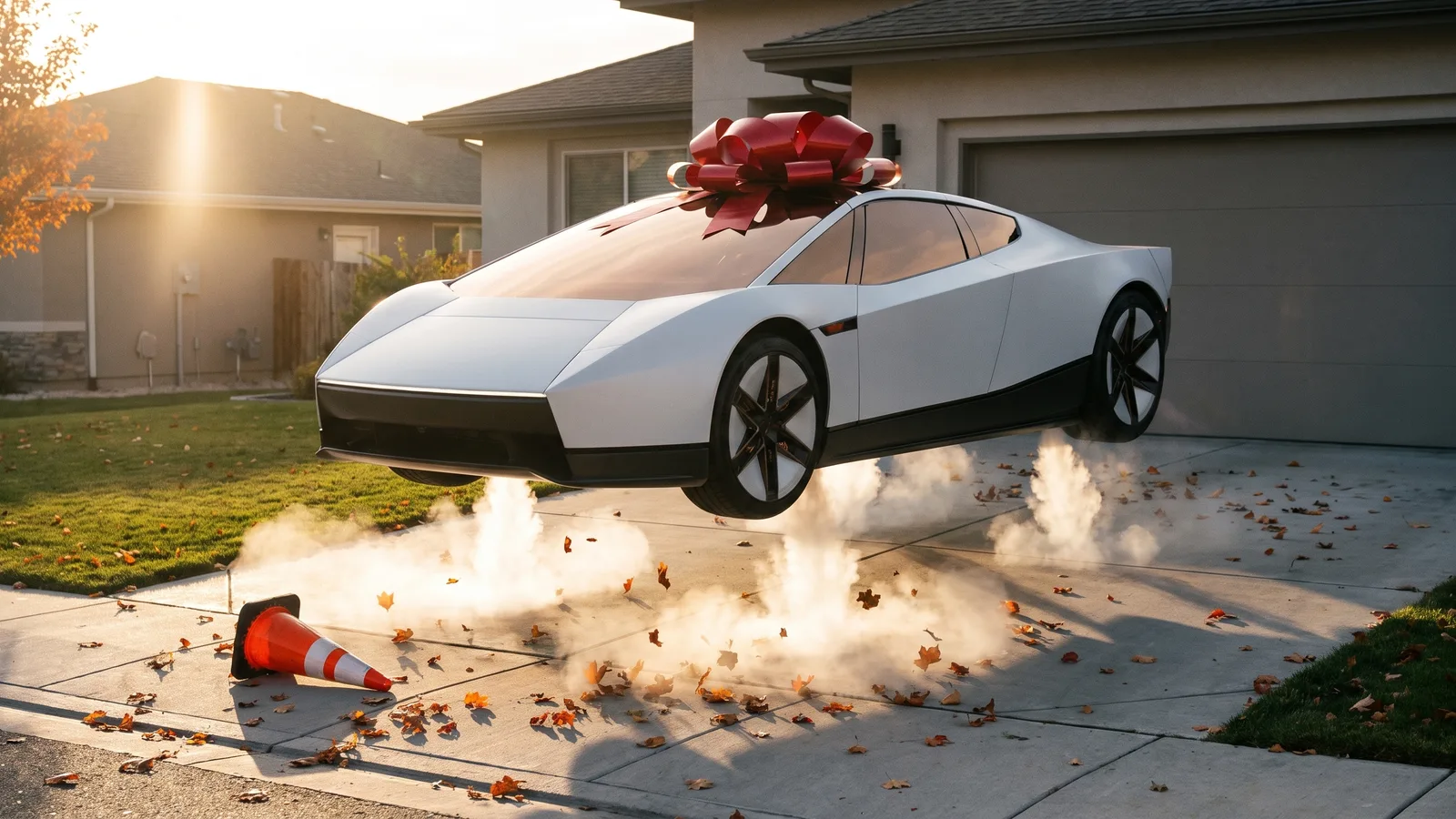 A new white Roadster-style supercar with a red gift bow on its roof hovering above a suburban driveway at sunset on jets of white vapour, leaves blowing across the concrete