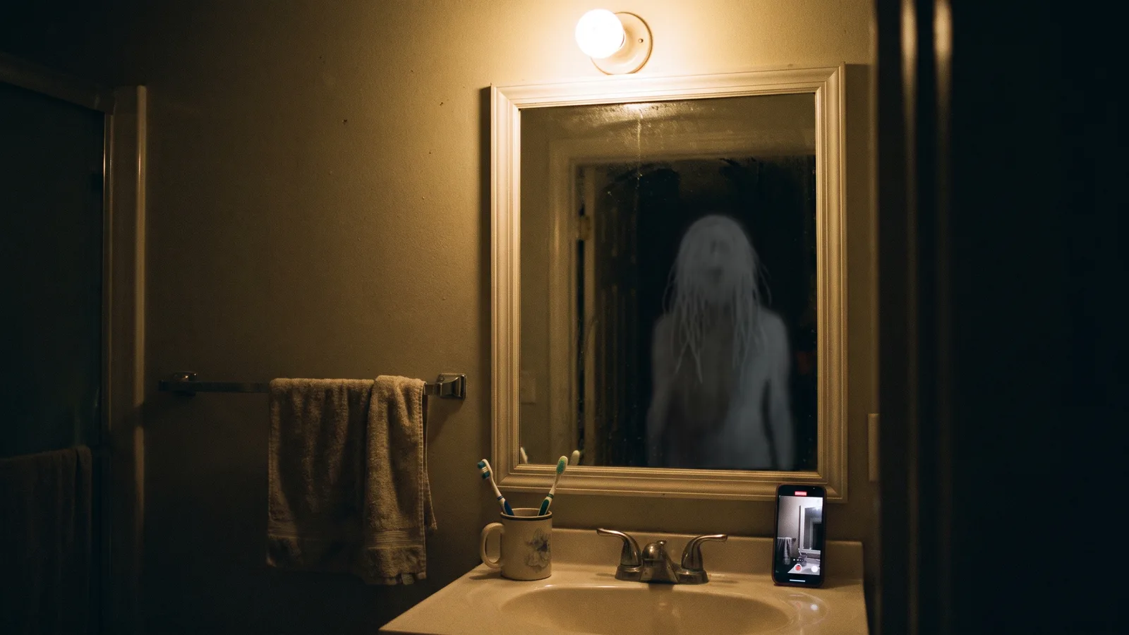 A home bathroom at night with a phone recording in front of the mirror, the spot in front of it empty and a faint grey long-haired ghost visible in the doorway reflection