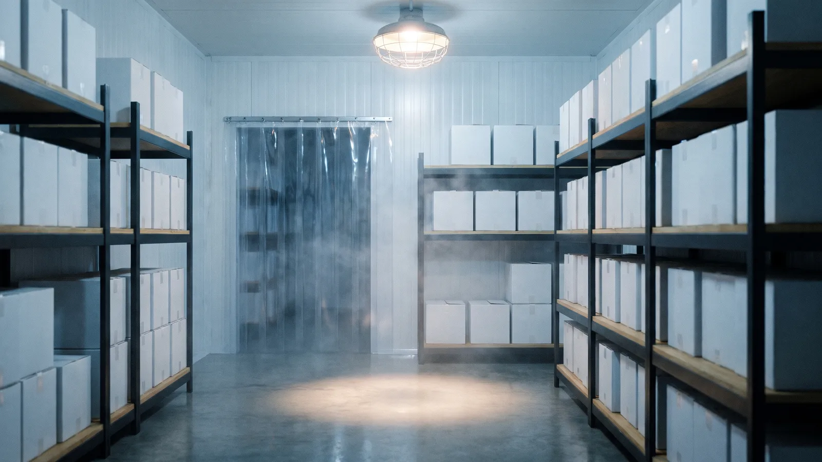 An empty white cold storage room with shelves of plain white boxes and a pool of light on the floor, waiting for someone to step in and rap
