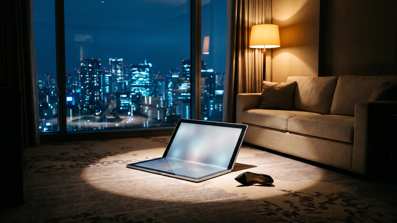 An empty night-time hotel room with a city skyline in the window, a giant unfolded tablet tipped over on the carpet next to a kicked-off high heel, the spot in front of the window left open