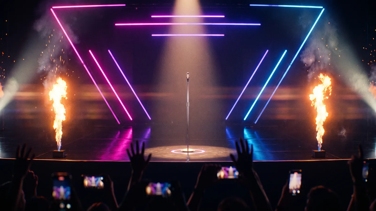 An empty neon-lit concert stage with flame cannons firing on both sides and a single spotlit microphone stand waiting in the centre
