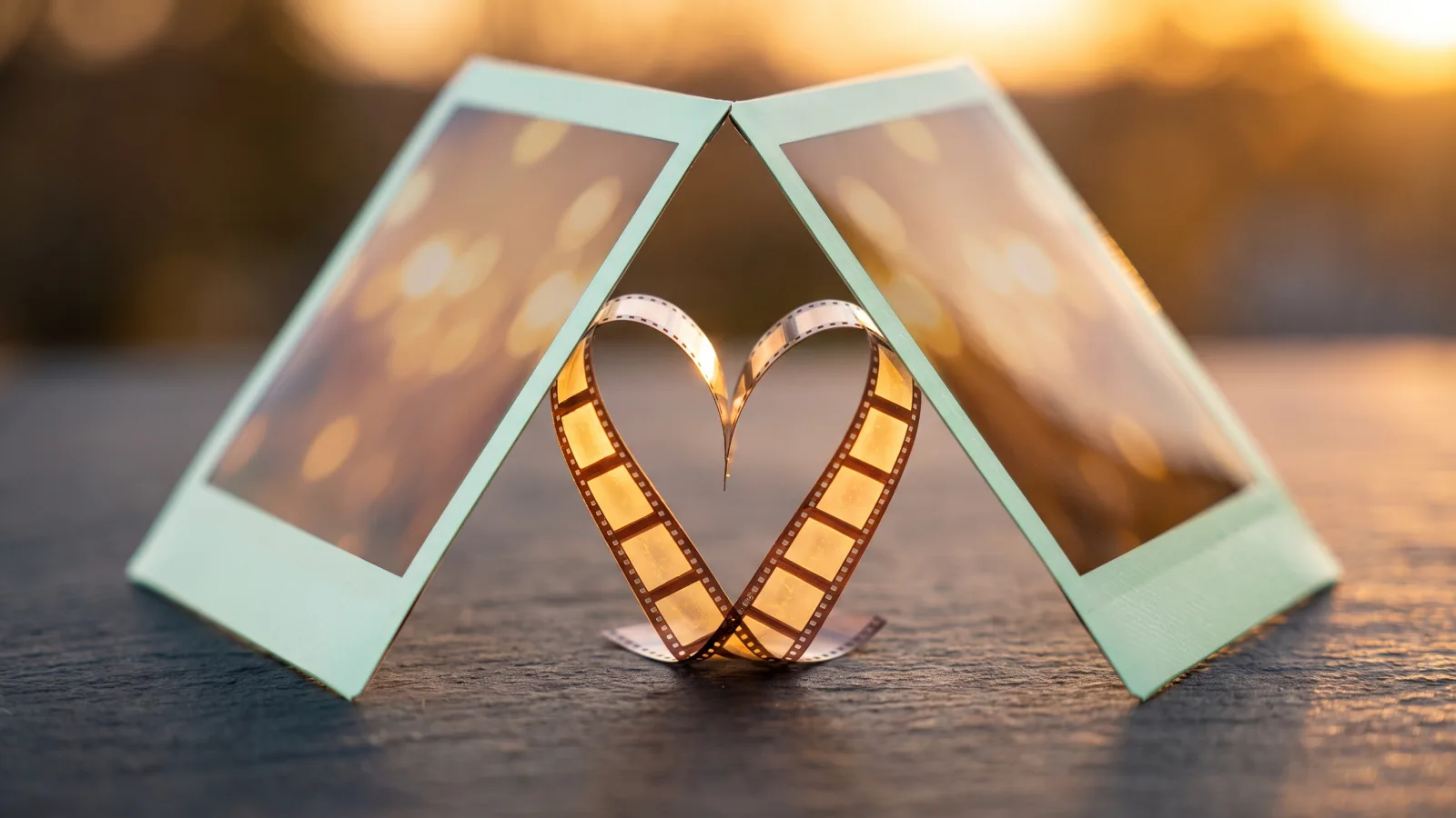 Two instant photos leaning against each other on a slate table at sunset, with a strip of film curled into a heart between them
