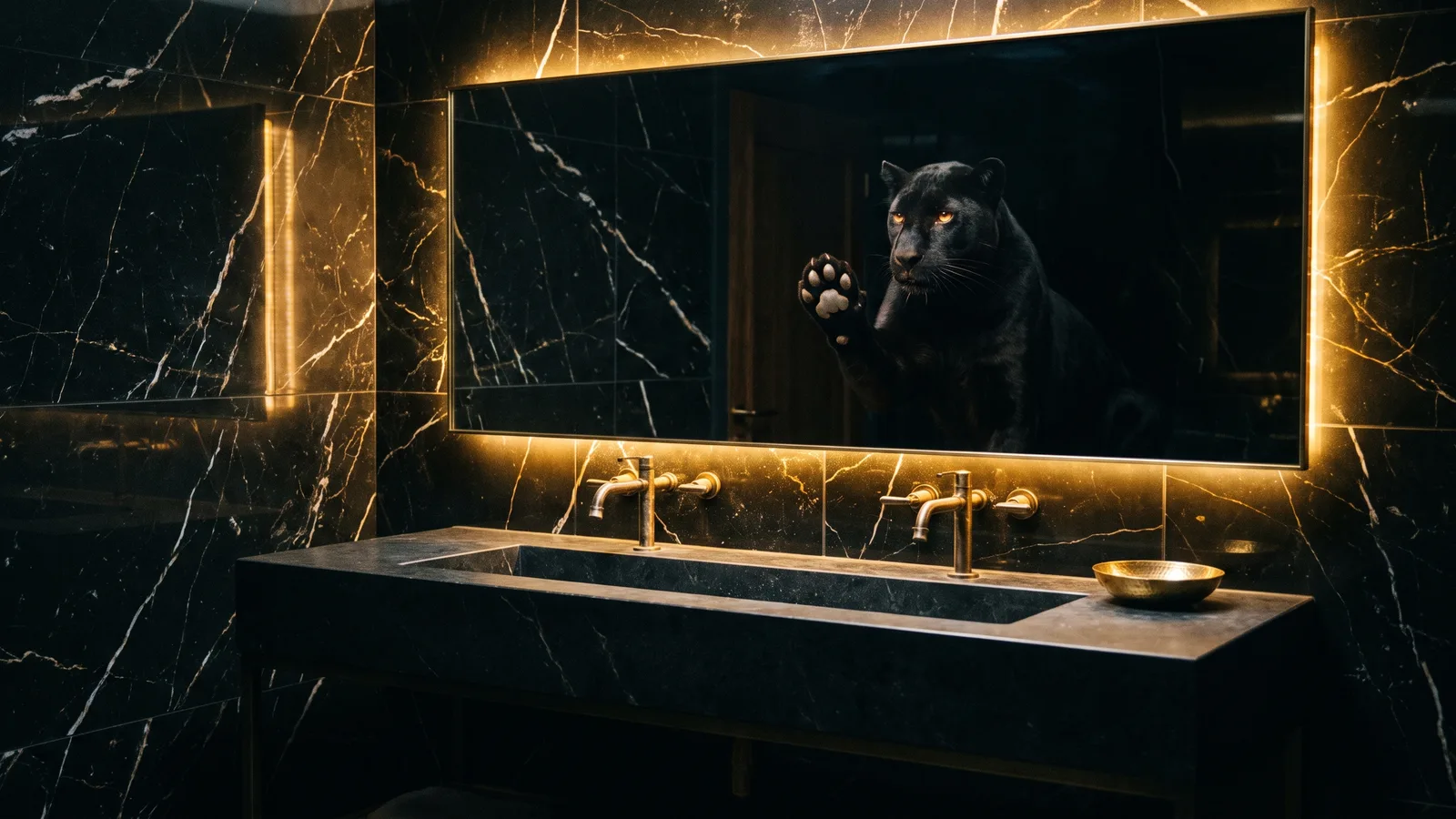 A dark gold-lit black-marble bathroom mirror with a black panther's paw pressed against the inside of the glass, nobody standing in front of it