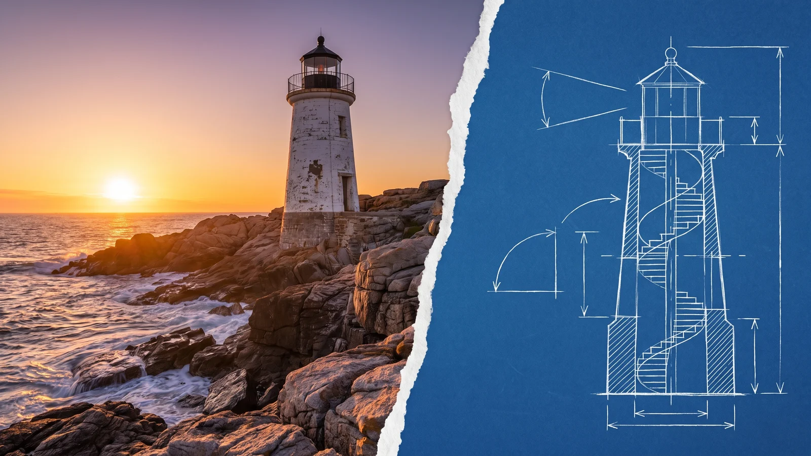 A lighthouse on a rocky coast at sunset whose right half turns into a white-line blueprint drawing on blue paper