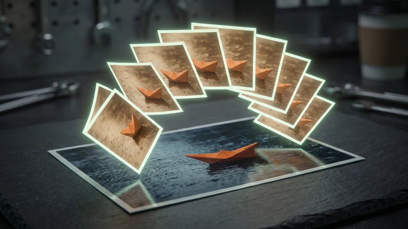 A printed photo of a paper boat with a fan of glowing film frames rising out of it, showing the boat drifting frame by frame