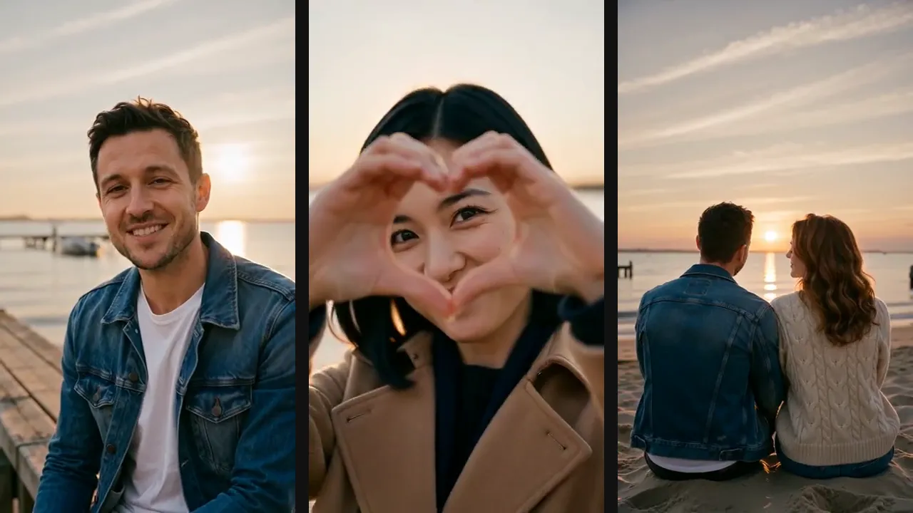 Three golden-hour shots: a man in a denim jacket smiling on a wooden pier, a woman making a heart with her hands, and a couple sitting on the sand facing the sunset