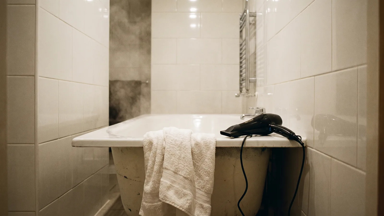 An empty white-tiled bathroom with a white towel draped over the bathtub rim and a hair dryer resting on the edge in soft light
