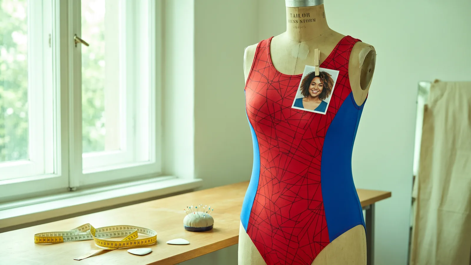A red and blue bodysuit with a black web-line pattern on a tailor's dress form in a sunny sewing studio, with a portrait photo clipped to it