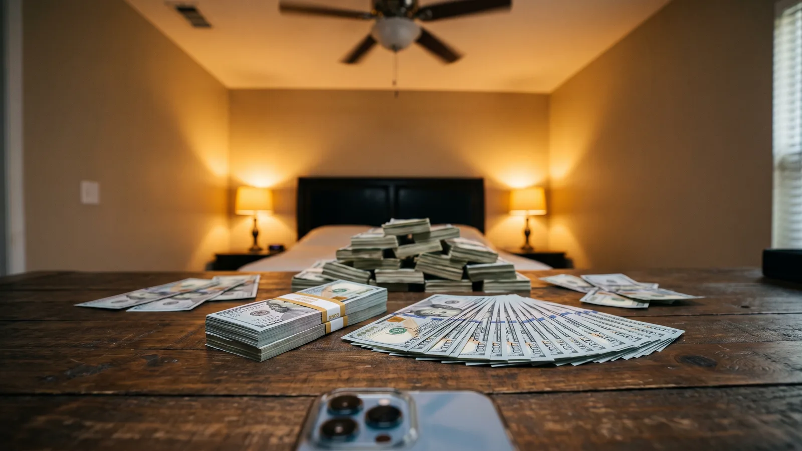 Low-angle view from a table edge covered in stacks and a fan of hundred-dollar bills, looking up at an empty cosy bedroom with glowing lamps and a ceiling fan