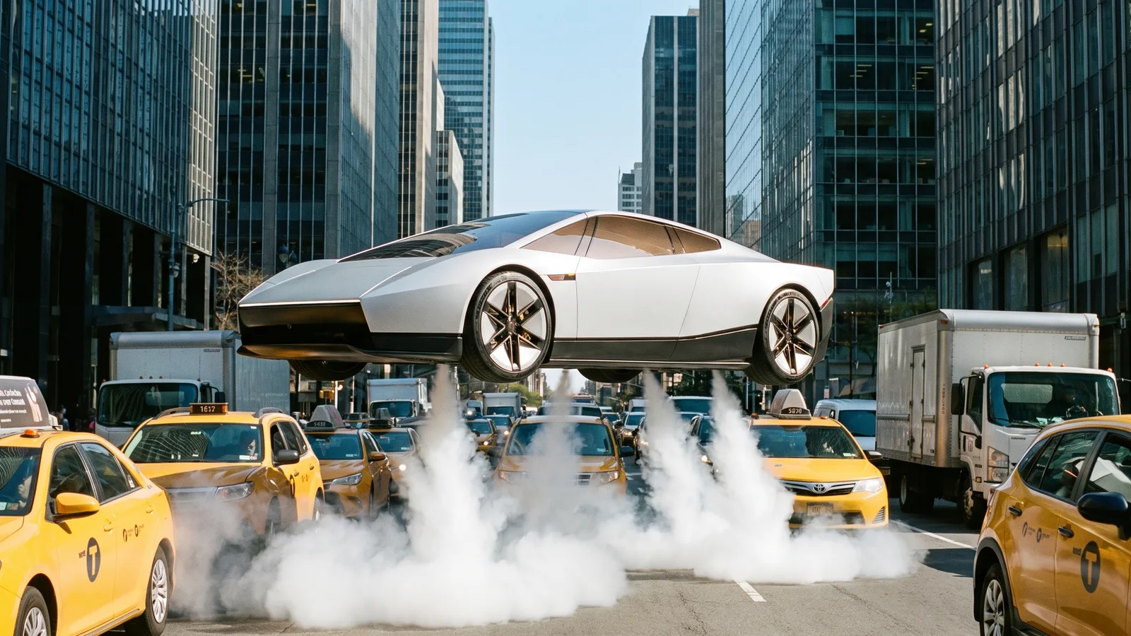 The new white Tesla Roadster-style hypercar with a bronze glass roof lifting straight up out of a gridlocked city avenue full of yellow taxis on jets of white vapour, skyscrapers and blue sky behind