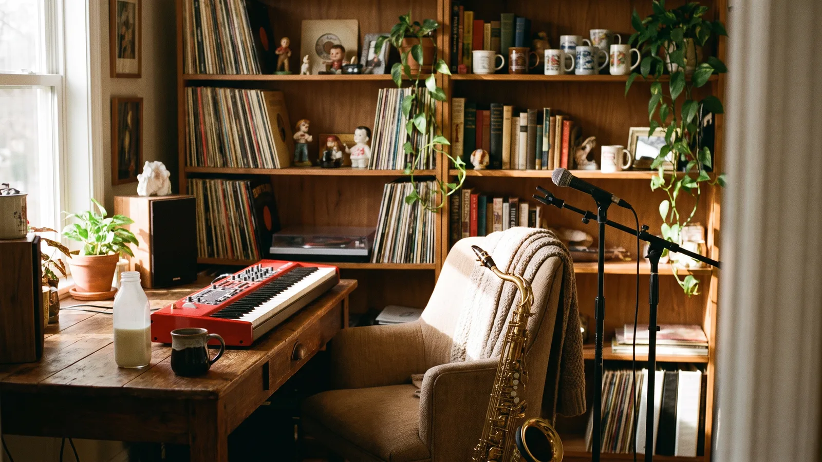 An empty desk concert setup with a red keyboard, microphones and shelves full of records