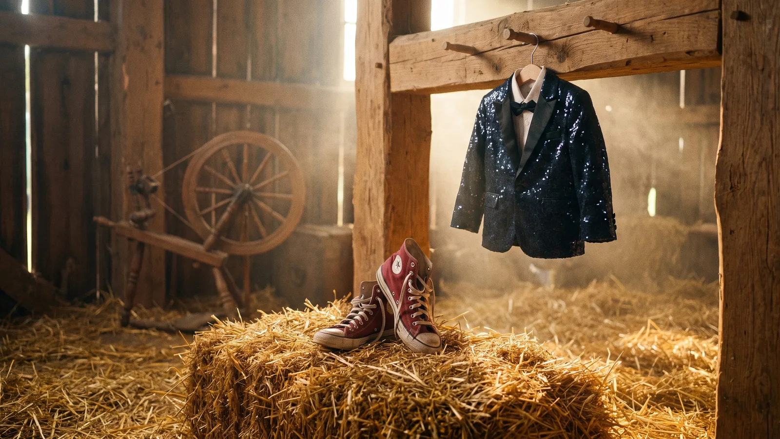 A pair of red-and-white high-top sneakers balanced on their toes in a straw barn, with a tiny sequined tuxedo jacket hanging from a beam and a spinning wheel behind