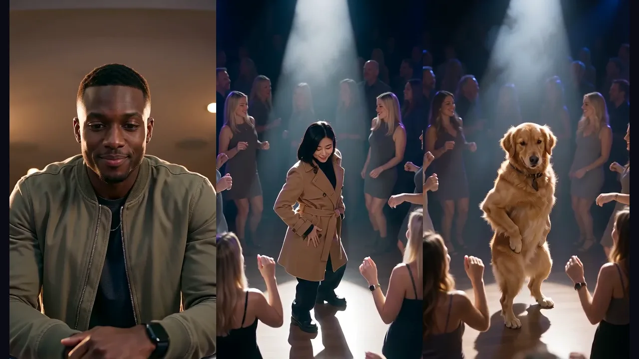 Three frames from AI versions of the La Tormenta de Arena trend: a man leaning on a nightclub balcony railing, a woman dancing in a spotlight on the dance floor and a golden retriever dancing on its hind legs