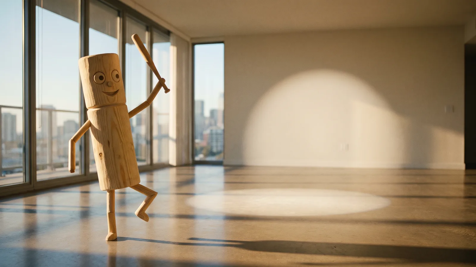 A wooden log puppet with a bat dances on the left of an empty living room, the spot beside it left open