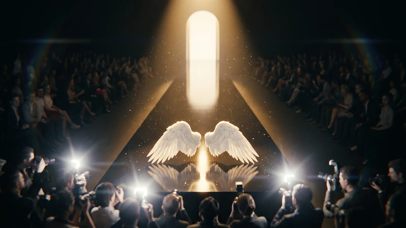 An empty glossy black fashion-show runway in a dark arena, audience silhouettes on both sides and photographers firing flashes, with a pair of white feathered angel wings resting in a spotlight at the front of the stage