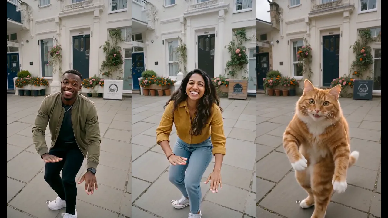 Three AI versions of the Wipe Me Down dance side by side: a man in a green jacket, a woman in a mustard shirt and a ginger cat bent low with their hands at the floor