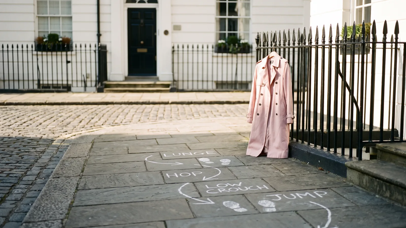 A pink trench coat hanging on a black iron railing outside a white townhouse, with chalk footprints and arrows marking out a dance routine on the paving