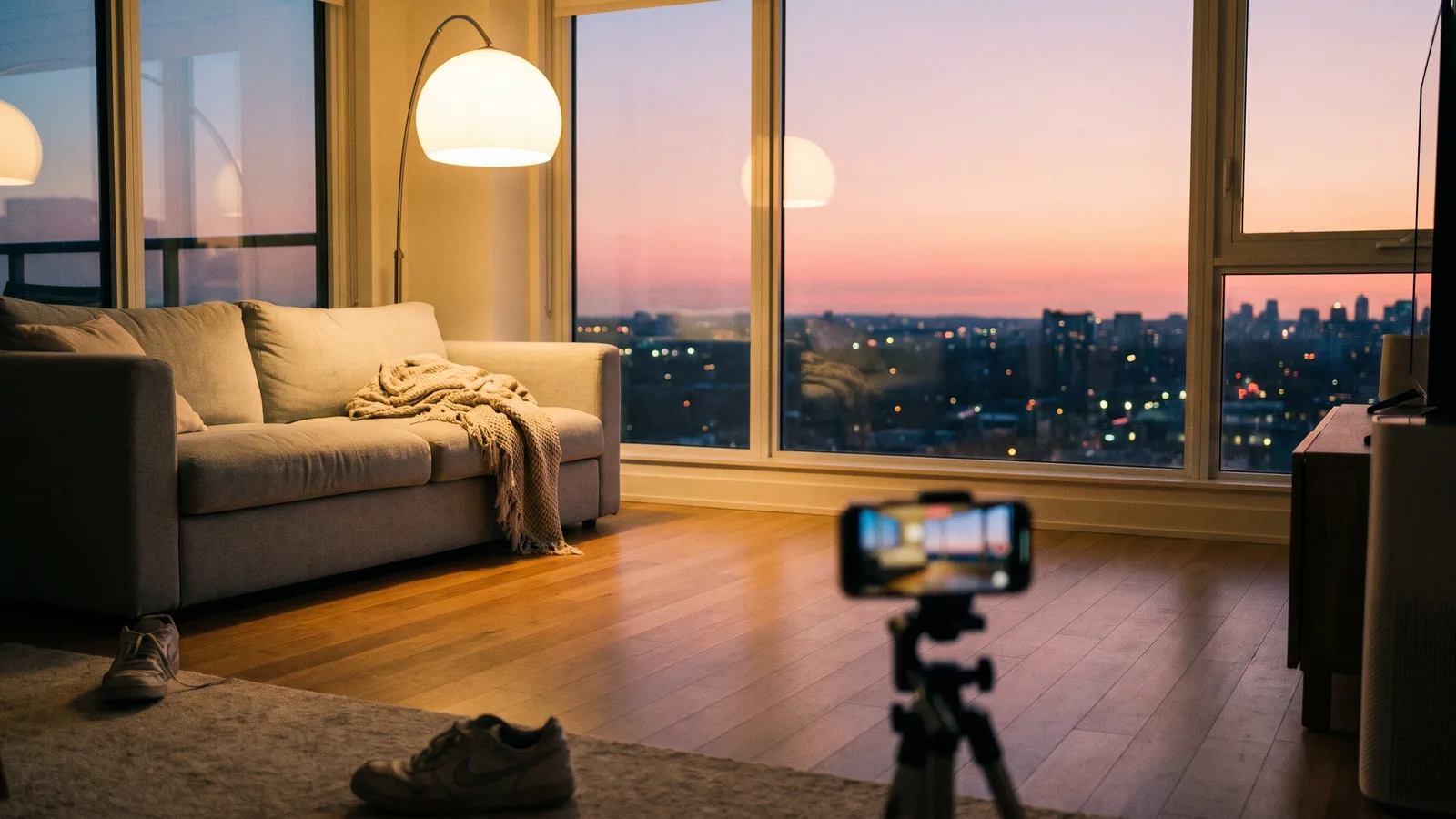 An empty living room at sunset with a cleared dance spot, a phone on a tripod and two pairs of sneakers waiting for a dance duo