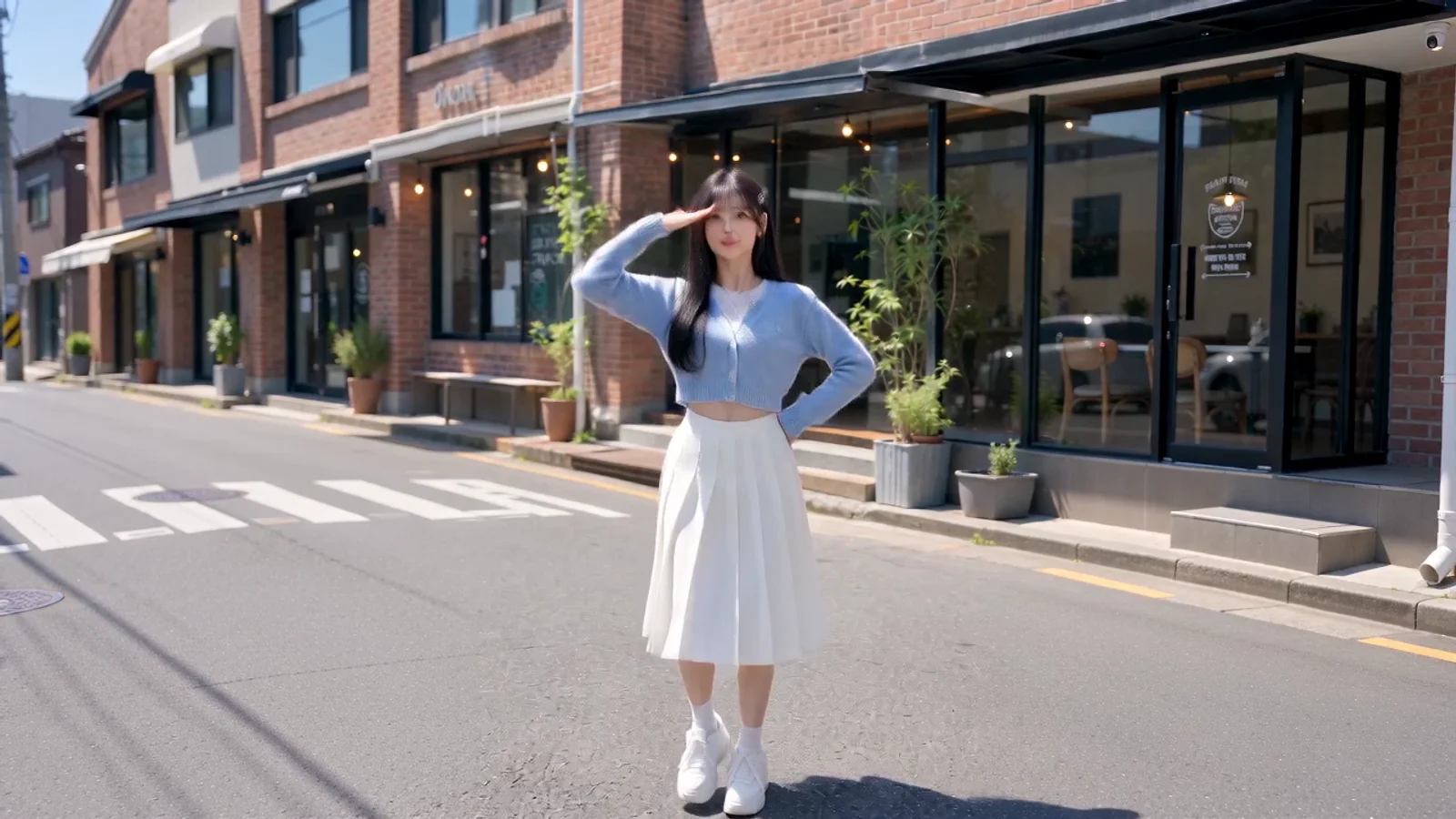 A young Korean woman in a sky-blue cardigan and white pleated skirt snapping a police salute on a sunny Seoul street, the opening move of the You're Under Arrest AI dance
