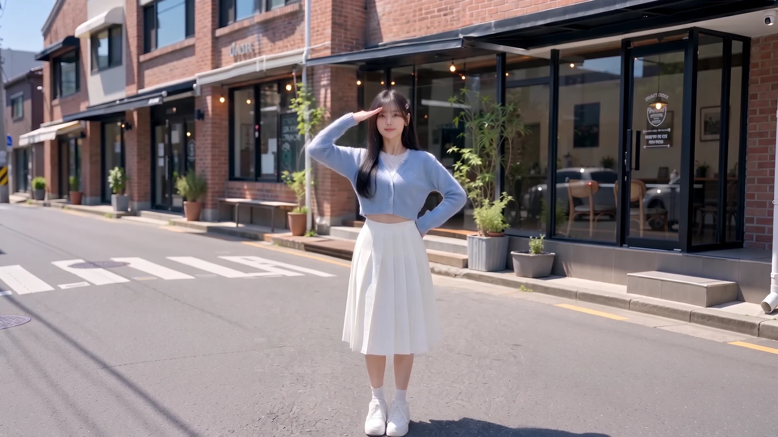 A young Korean woman in a sky-blue cardigan and white pleated skirt snapping a police salute on a sunny Seoul street, the opening move of the You're Under Arrest AI dance