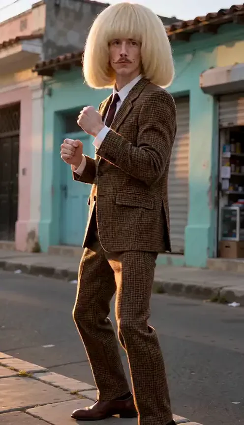 A man does the Dame Hombro shoulder bounce on a sunny Caribbean street corner, fists against his chest