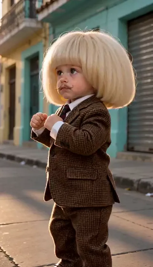A toddler in a mini version of the grown-up outfit bounces its shoulders with fists against its chest on the same sunny street corner