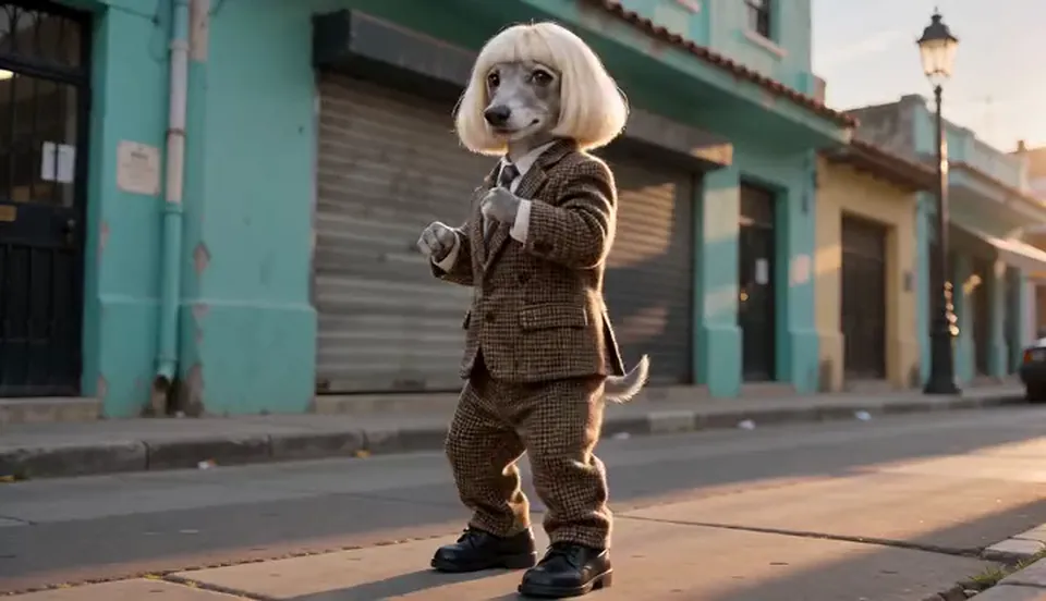 A greyhound puppy in a blonde wig and little suit stands on its hind legs and bounces its shoulders on the sunny street corner