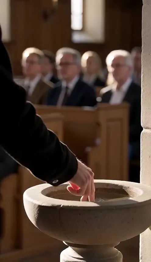 A man with a platinum bob in an all-black jacket walks into a church and smirks