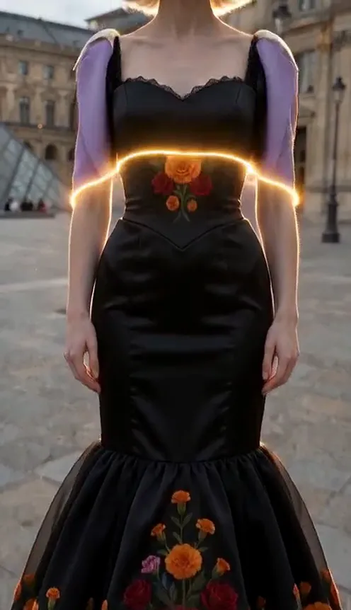 A woman in Catrina makeup and a crown of marigolds and roses smiles at the camera after the golden light sweep