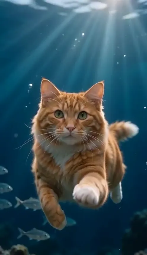 A ginger cat floats calmly in deep blue water under the sunbeams, a school of small silver fish passing behind it