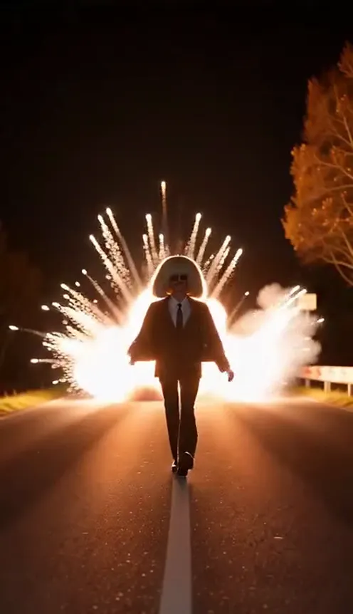 A man in a blonde bob wig, sunglasses and a leather jacket walks down a night highway toward the camera while a fireball erupts behind him