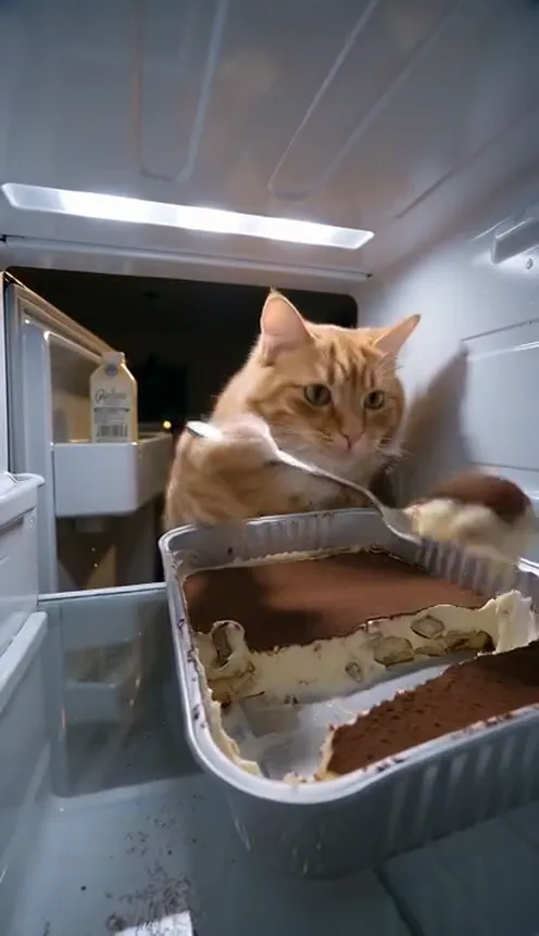 A cat reaches into the fridge at night and eats from an almost empty tray of tiramisu, looking guilty at the camera