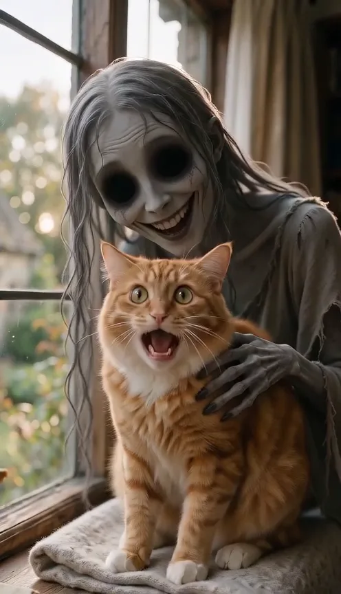 A ginger cat sitting on a cushion by a window while a pale long-haired ghost leans over it from behind