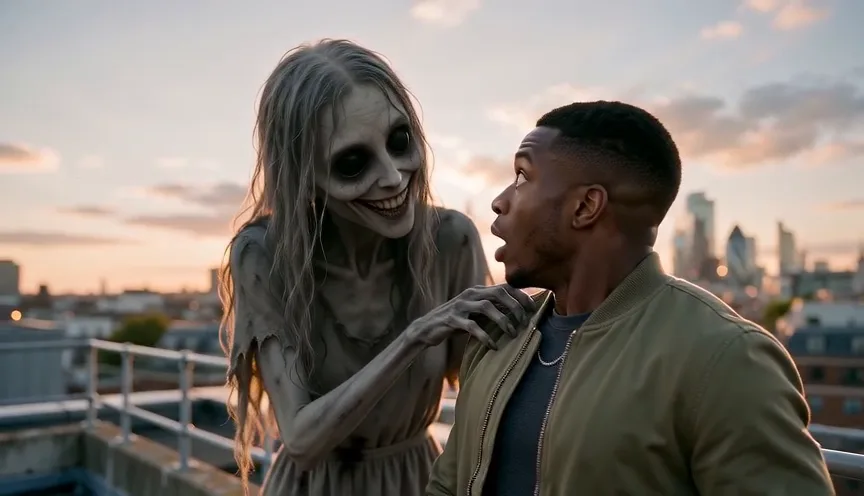 A wide 16:9 shot on a rooftop at sunset: a grinning grey ghost holds the shoulder of a man who has just turned around in shock