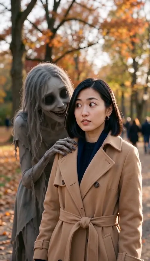 A smiling woman in a camel coat in an autumn park while a grey ghost with long stringy hair leans in behind her and rests a hand on her shoulder