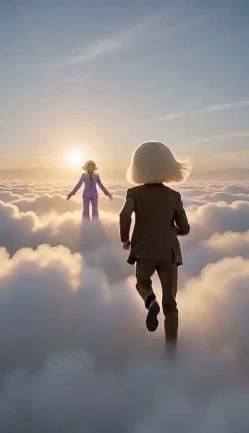 Two people hold each other tightly above a sea of golden clouds in soft heavenly light
