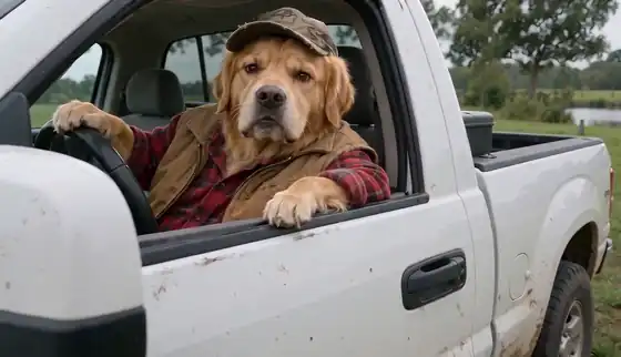 A golden retriever in a flannel shirt sits behind the wheel of a white pickup, waves the angler off with its paw and points at the ground