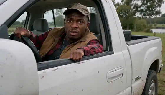 A man in a camo cap leans out of a white pickup, jerks his thumb over his shoulder and then points firmly at the ground