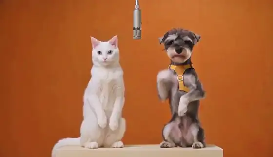 A white cat and a schnauzer stand on their hind legs and gesture with their paws under a hanging microphone in an orange studio