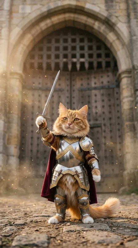 A ginger cat in silver armour and a burgundy cape raises a sword in front of a huge castle gate