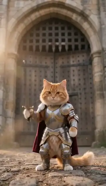 The armoured ginger cat lifts its sword high as its cape moves in the wind