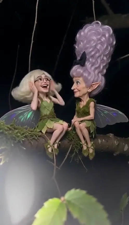 Two tiny fairies with their own human faces and hair, transparent wings and leaf dresses, laughing on a mossy branch at night in a camera flash
