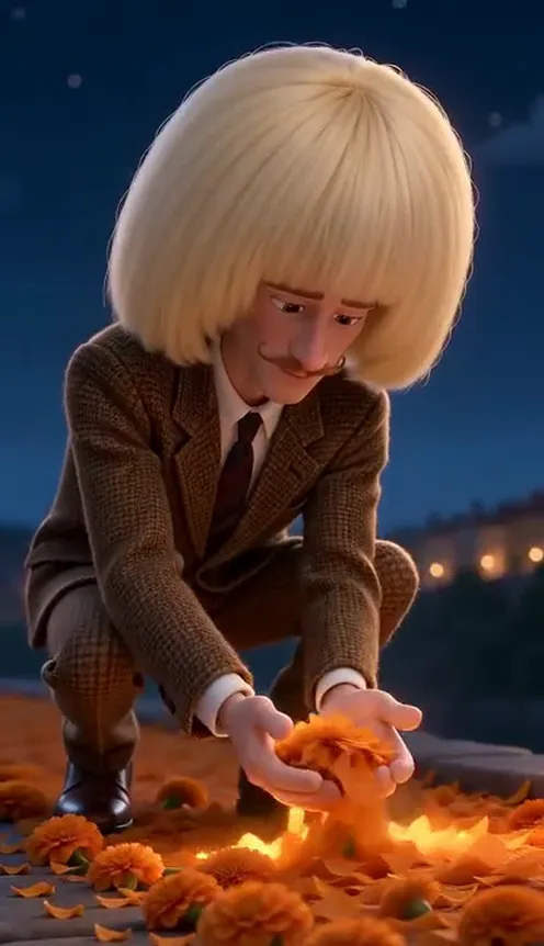 A man with a platinum bob and a handlebar moustache in a brown tweed suit, as a 3D animated character, crouches on a marigold petal bridge at night holding glowing petals