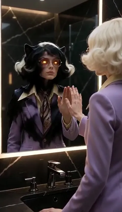 A woman in a lilac suit raises her hand to a gold-lit mirror and her reflection turns into a black panther that presses its paw to her palm