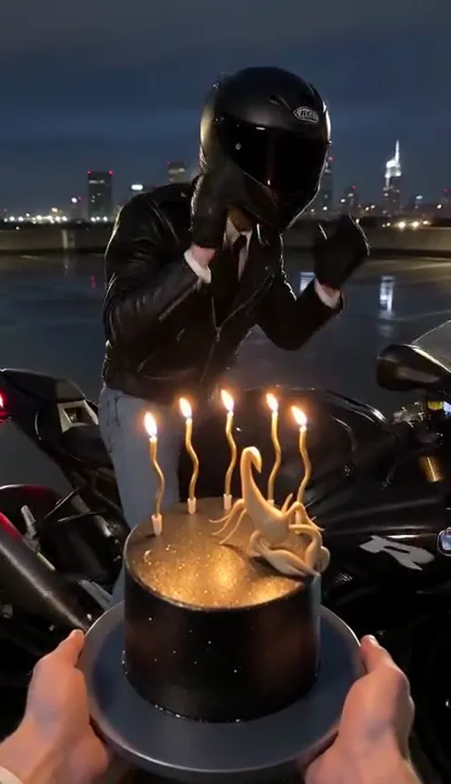 A rider in a black leather jacket leans over a black birthday cake with gold candles in a wet parking lot at night, a sport bike behind them