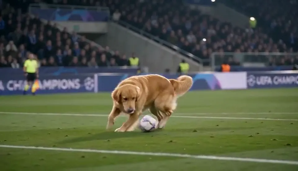 A golden retriever scoring the Ozil goal AI video, a sliding defender left on the grass